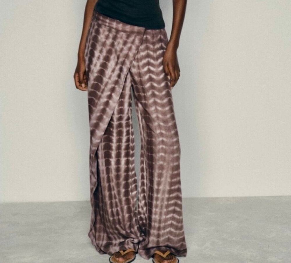 Zara Linen Tie Dye Wide Leg Pants Brown Shibori Boho Trousers Size M